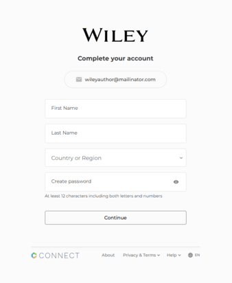 CONNECT registration screen for entering user information and creating a password