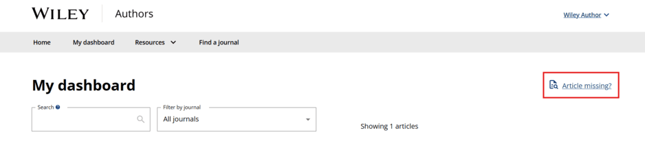 Wiley Authors dashboard with “Article missing?” link located at right