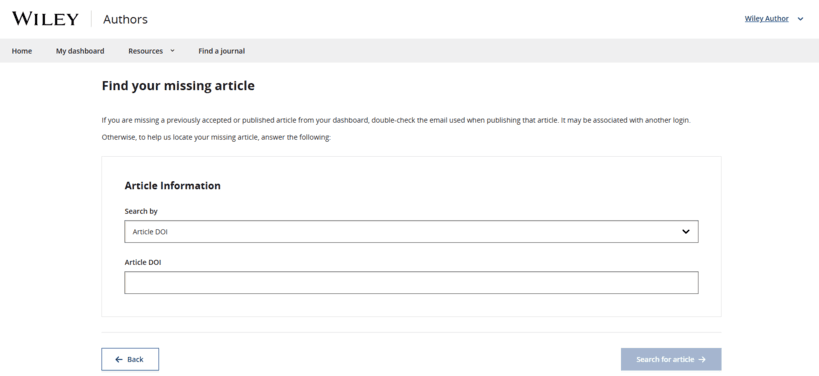 Search form for providing Manuscript ID and journal name