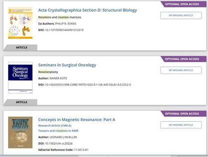 Sample search results with “My Missing Article” button used to claim article