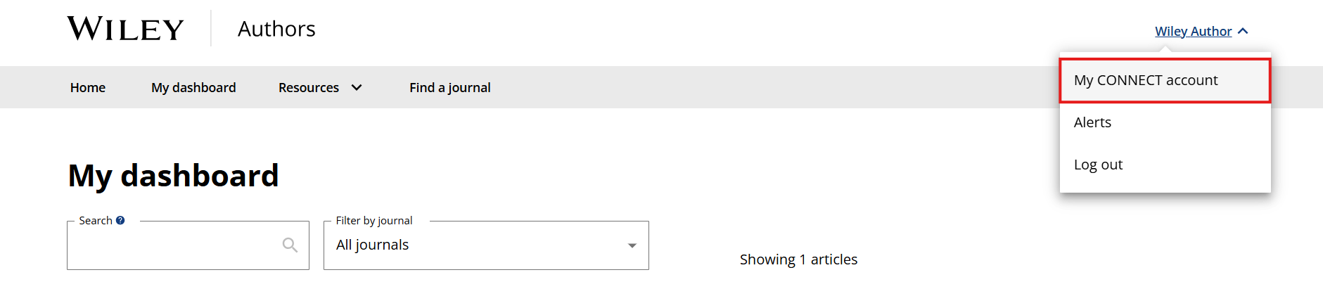 Wiley Authors dashboard showing dropdown menu with option for “My CONNECT account”